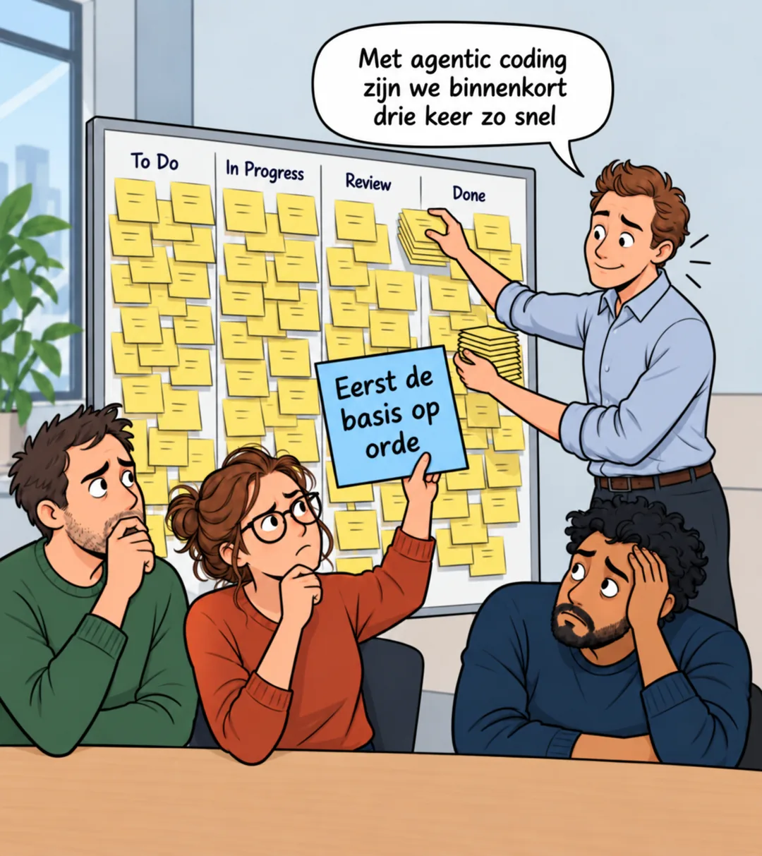 Cartoon: een manager plakt stickies in de Done-kolom van een vol kanban-bord en zegt dat het team met agentic coding binnenkort drie keer zo snel is; drie developers kijken bedenkelijk en een van hen houdt een sticky omhoog met Eerst de basis op orde