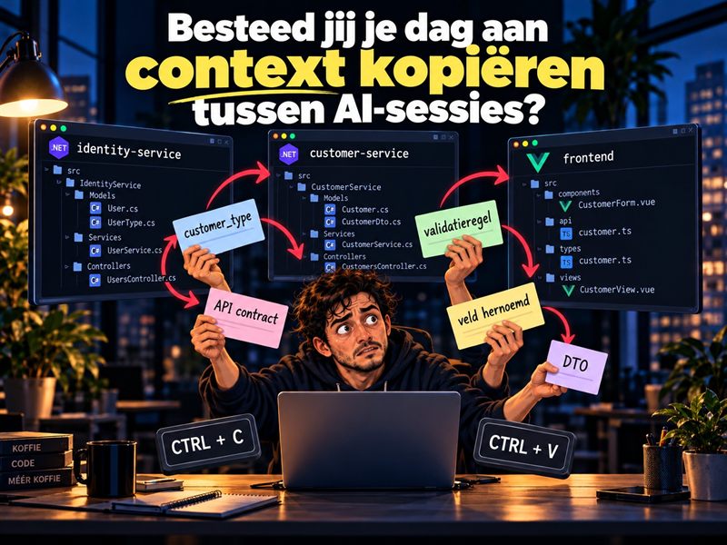 Illustratie: een developer met meerdere armen houdt briefjes met customer_type, API contract, validatieregel, veld hernoemd en DTO vast tussen drie vensters met de repo's identity-service, customer-service en frontend; op tafel liggen de toetsen Ctrl+C en Ctrl+V