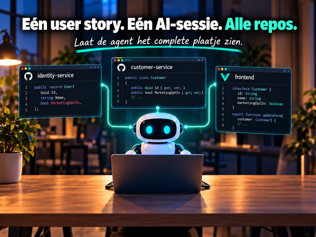 Illustratie: een robot achter een laptop is verbonden met drie codevensters: identity-service en customer-service in C# met het veld MarketingOptIn en de frontend in TypeScript; ernaast een stapel boeken met Plan, Build, Review en Test