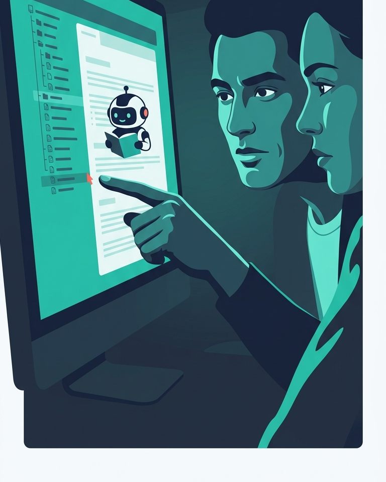 Twee developers in de gloed van een scherm bekijken een instructiebestand in de repository, waarop een robotje het document leest