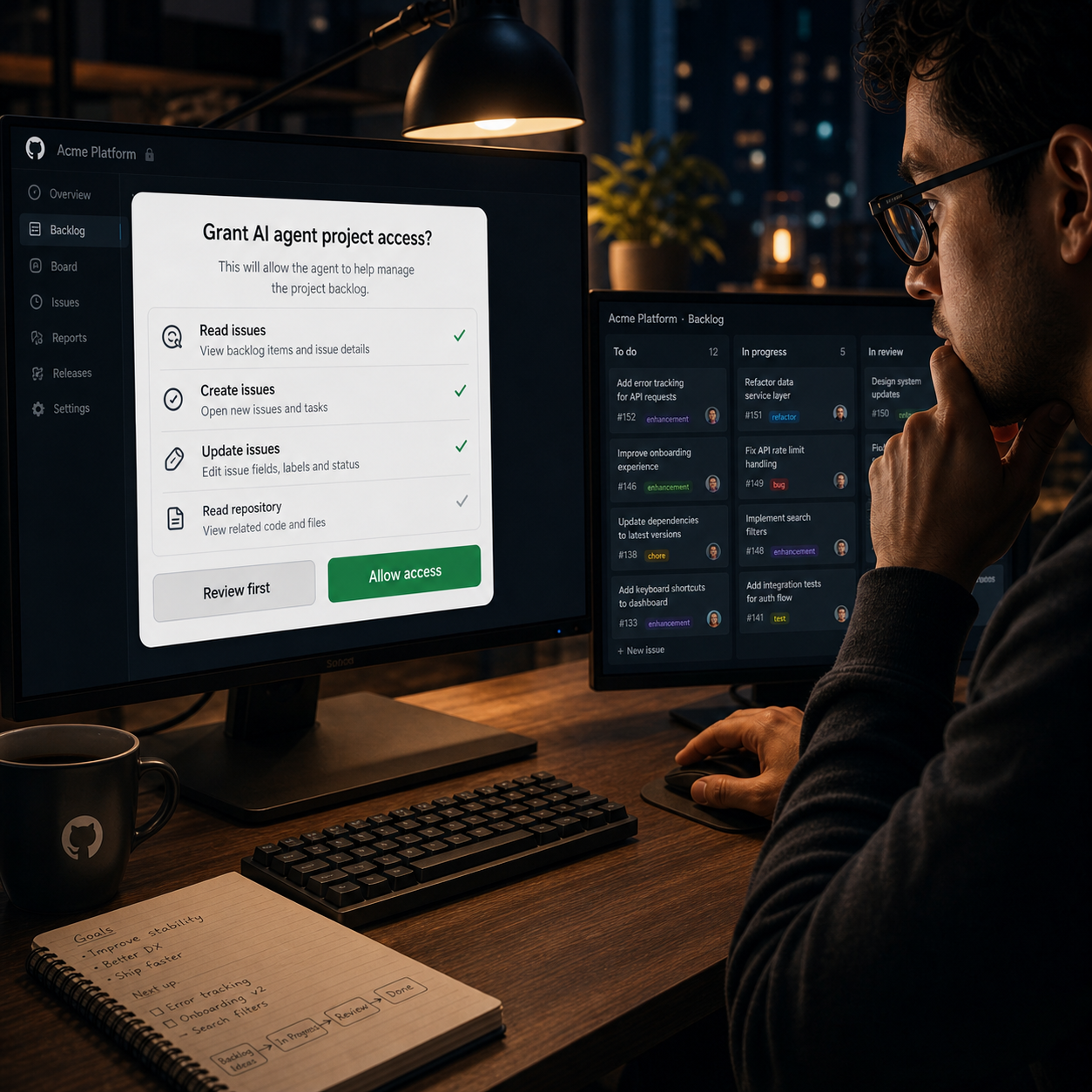 Ontwikkelaar bekijkt een 'Grant AI agent project access?'-dialoog naast een GitHub-backlog