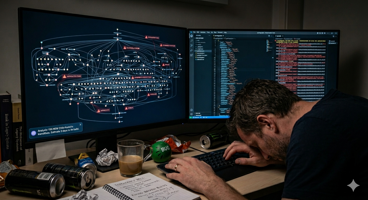 Developer met hoofd op toetsenbord, dependency graphs en rode waarschuwingen op de schermen