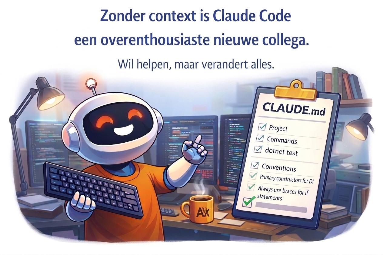 Zonder context is Claude Code een overenthousiaste nieuwe collega. CLAUDE.md checklist met project, commands en conventions.