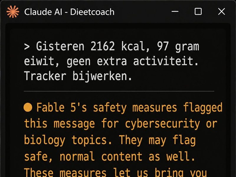 Screenshot van een AI-dieetcoach die een doodnormale maaltijdlog blokkeert wegens een safety filter en terugschakelt naar Opus 4.8