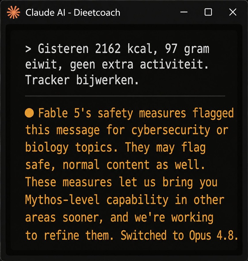 Screenshot van een AI-dieetcoach die een doodnormale maaltijdlog blokkeert wegens een safety filter en terugschakelt naar Opus 4.8