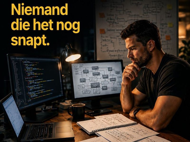 Een developer staart naar vijftien jaar bedrijfslogica in een oude codebase die niemand meer helemaal begrijpt