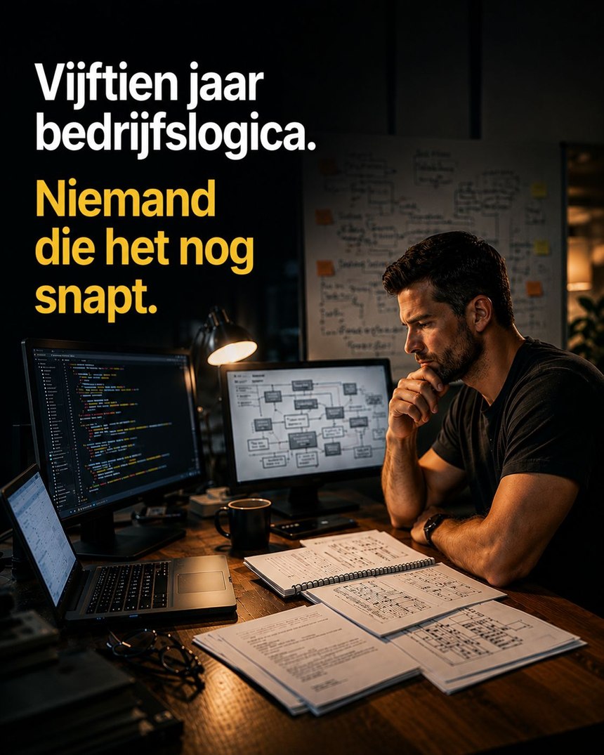 Een developer staart naar vijftien jaar bedrijfslogica in een oude codebase die niemand meer helemaal begrijpt