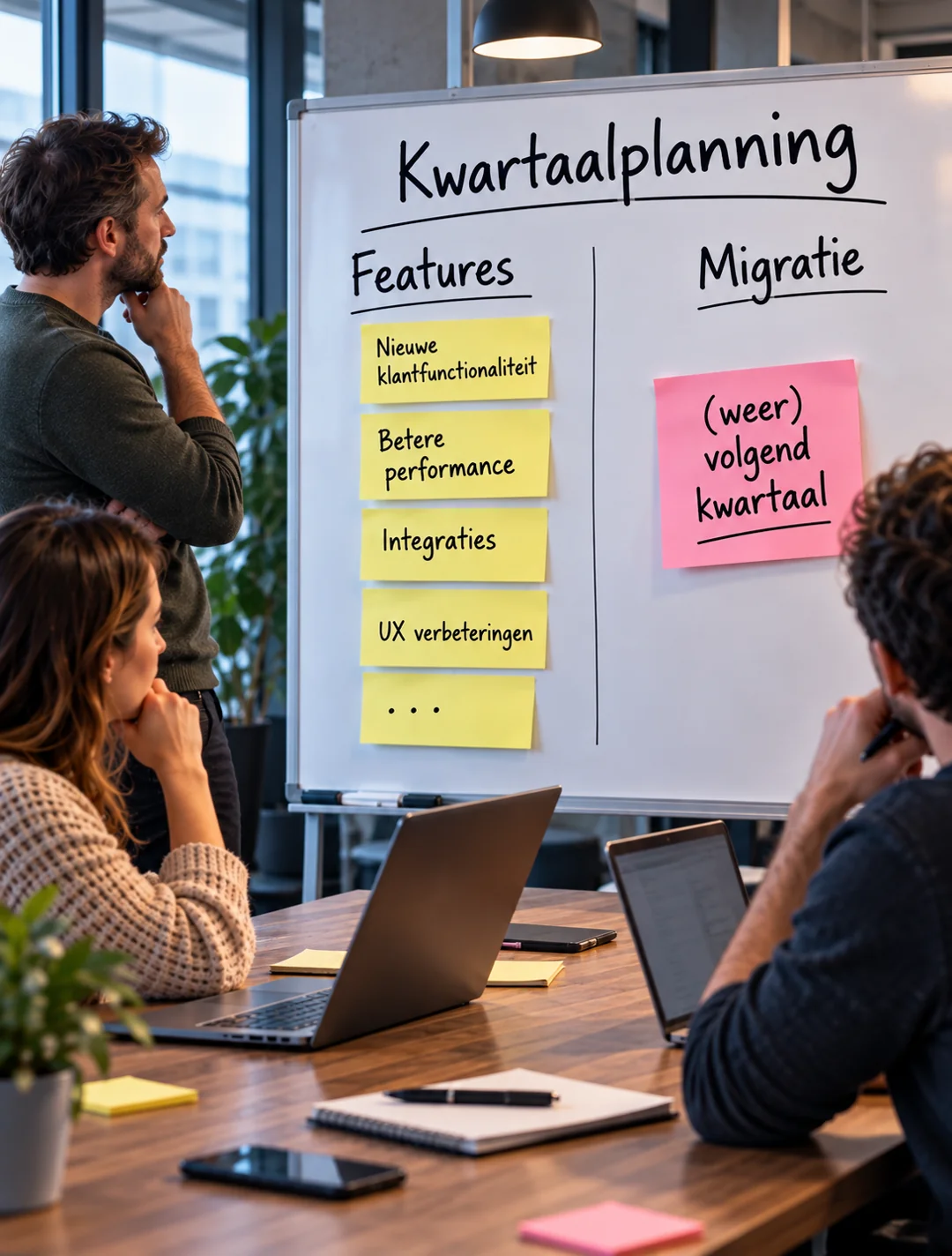 Kwartaalplanning op een whiteboard: links gele stickies met features, rechts onder Migratie &eacute;&eacute;n roze sticky met (weer) volgend kwartaal