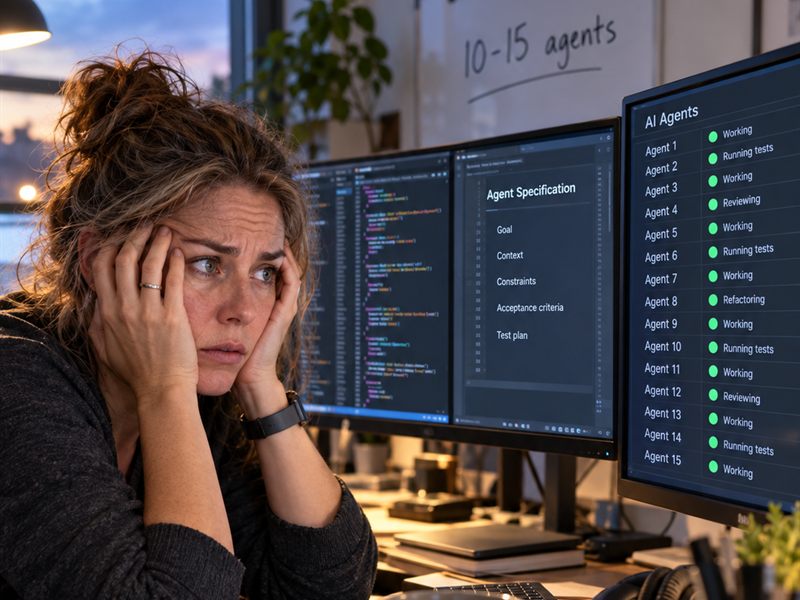 Een developer zit met de handen in het haar achter drie schermen; op het rechterscherm staan vijftien AI-agents allemaal op groen en op het whiteboard staat 10-15 agents