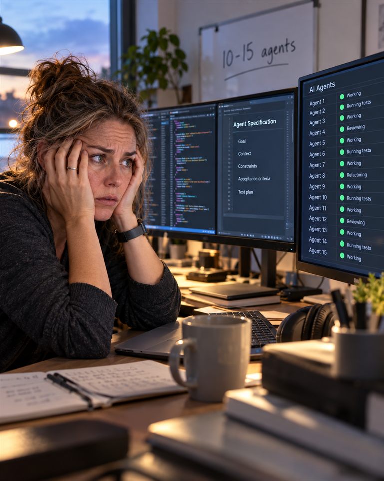 Een developer zit met de handen in het haar achter drie schermen; op het rechterscherm staan vijftien AI-agents allemaal op groen en op het whiteboard staat 10-15 agents