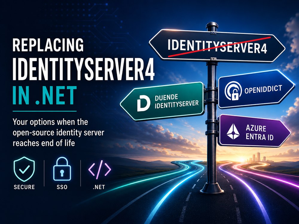 Signpost pointing away from a crossed-out IdentityServer4 toward Duende IdentityServer, OpenIddict and Azure Entra ID