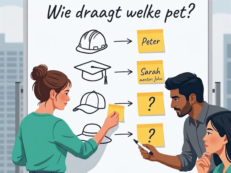 Drie developers bij een whiteboard met vier petten-icoontjes en gele stickies: twee met een naam, twee met een vraagteken