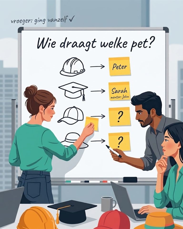 Drie developers bij een whiteboard met vier petten-icoontjes en gele stickies: twee met een naam, twee met een vraagteken