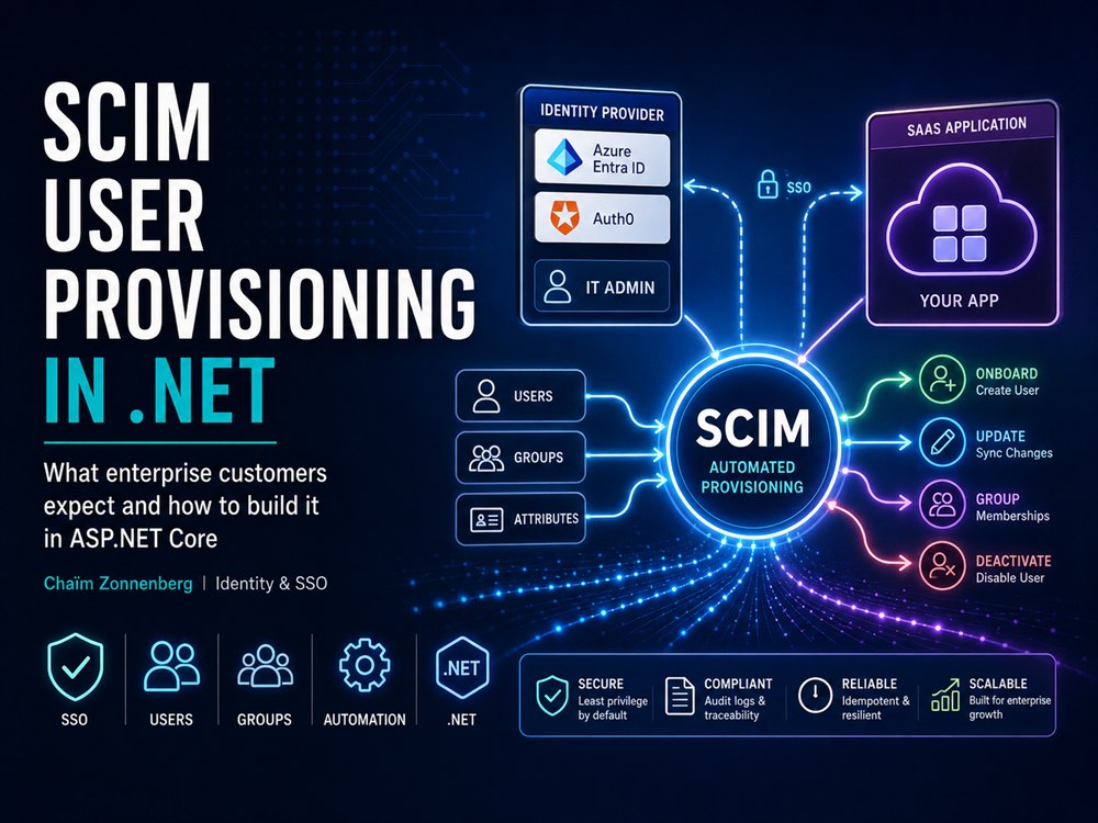 An IT admin configuring automated SCIM user provisioning between an identity provider and a .NET application