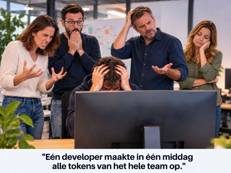 Vier collega's kijken geschrokken naar een developer die met het hoofd in de handen achter een monitor zit; tekst in beeld: E&eacute;n developer maakte in &eacute;&eacute;n middag alle tokens van het hele team op