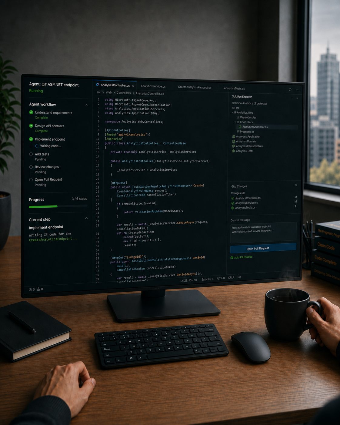 Illustratie: een AI-agent werkt zelfstandig een C# ASP.NET-endpoint uit terwijl de developer met een kop koffie in de hand meekijkt