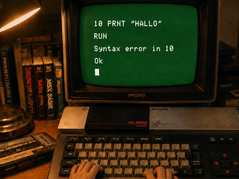 Illustratie: een kind achter een Philips MSX-computer, op het groene scherm een BASIC-regel met een typefout en de melding 'Syntax error in 10'