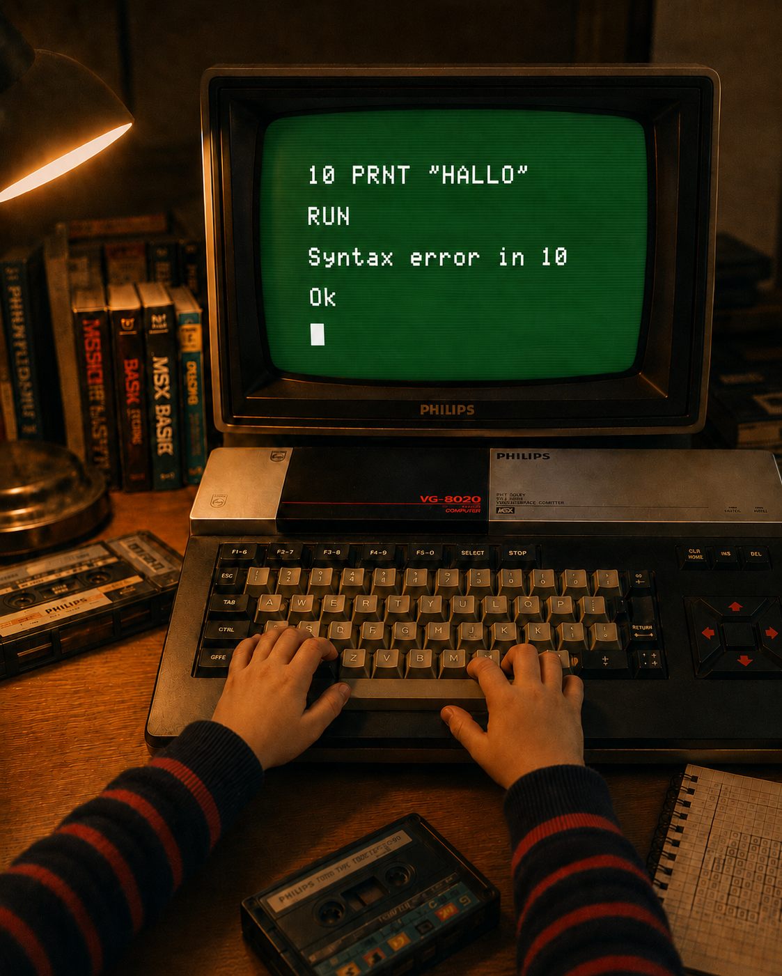 Illustratie: een kind achter een Philips MSX-computer, op het groene scherm een BASIC-regel met een typefout en de melding 'Syntax error in 10'