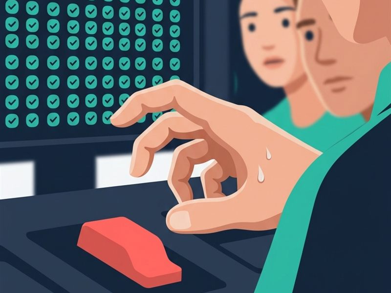 Een developer aarzelt met zijn hand boven een rode release-knop terwijl het scherm vol groene vinkjes staat en twee collega's gespannen toekijken
