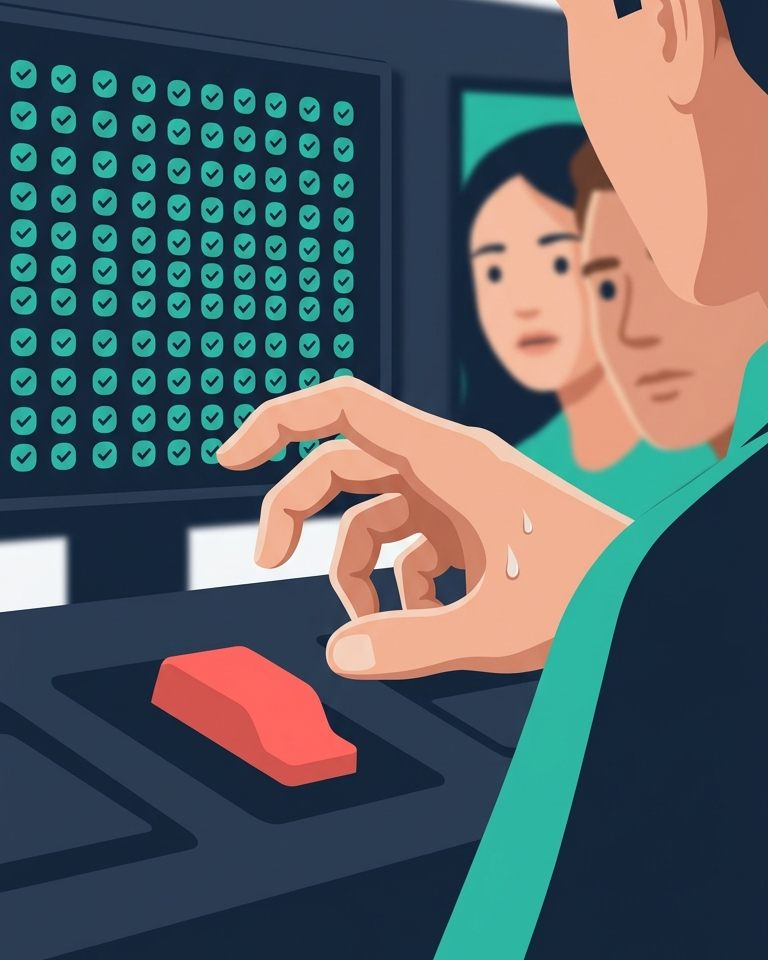 Een developer aarzelt met zijn hand boven een rode release-knop terwijl het scherm vol groene vinkjes staat en twee collega's gespannen toekijken